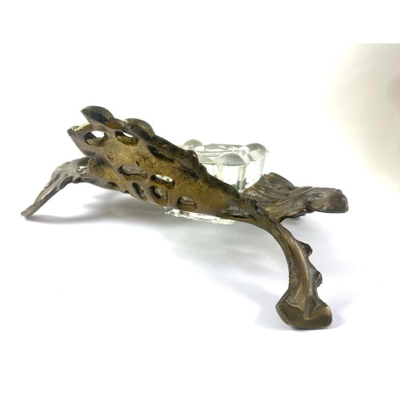Antique Victorian Brass & Glass Inkwell Holder Desk Accessory With Ornate Design - Picture 6 of 9